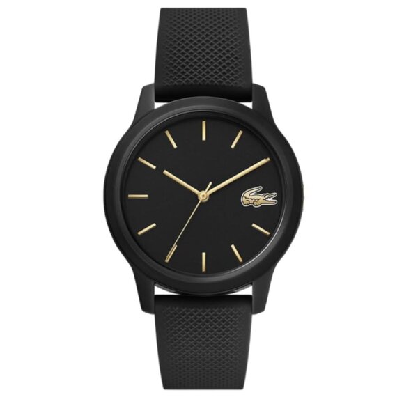 LACOSTE 2001064 12.12 BLACK DIAL BLACK SILICONE STRAP WOMENS WATCH - Picture 1 of 4